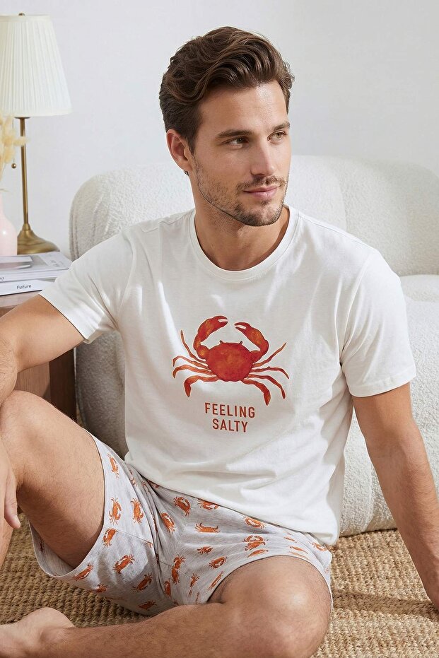 Ekru Regular Fit Yengeç Baskılı Pamuklu Pijama Takımı TMNSS26PT00020 - 2