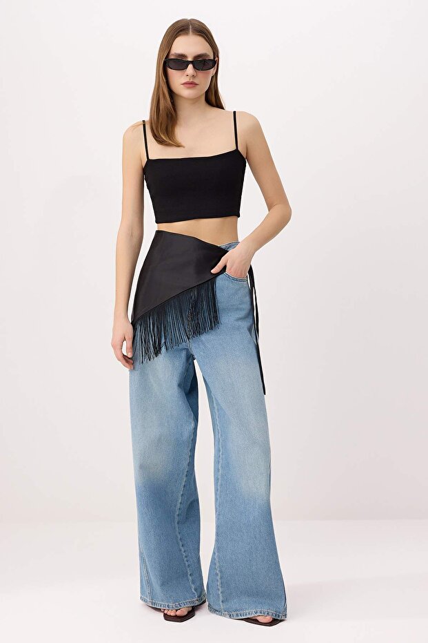 Siyah Fitted Süper Crop Askılı Straplez Kolsuz Pamuk Ribana Örme Atlet TWOSS26AL00044 - 2