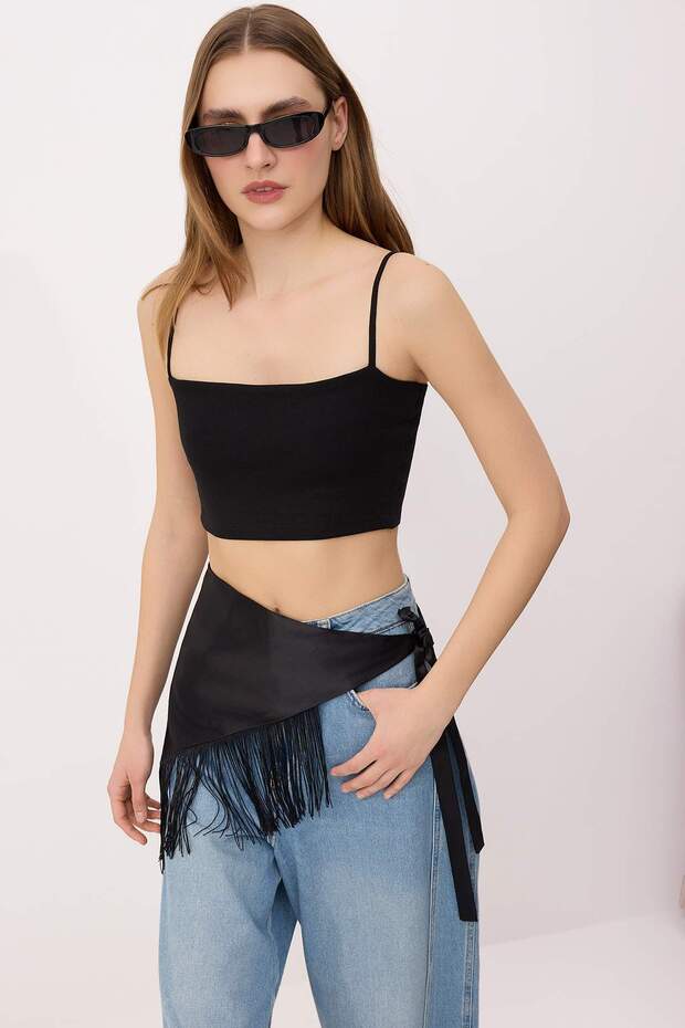 Siyah Fitted Süper Crop Askılı Straplez Kolsuz Pamuk Ribana Örme Atlet TWOSS26AL00044 - 1