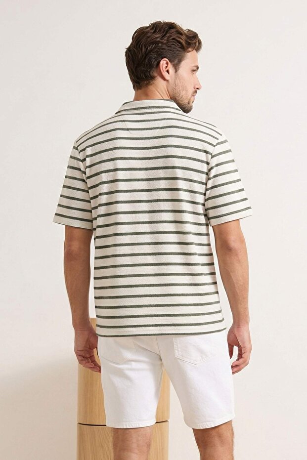 Yeşil Regular/Normal Kesim Dokulu Çizgili Polo Yaka T-shirt TMNSS26PO00013 - 6
