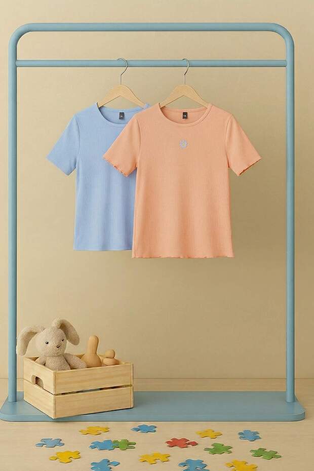 Mavi-Turuncu 2'li Kız Çocuk Pamuklu Crop Kısa Kol Örme T-Shirt TKDSS25TS00027 - 8