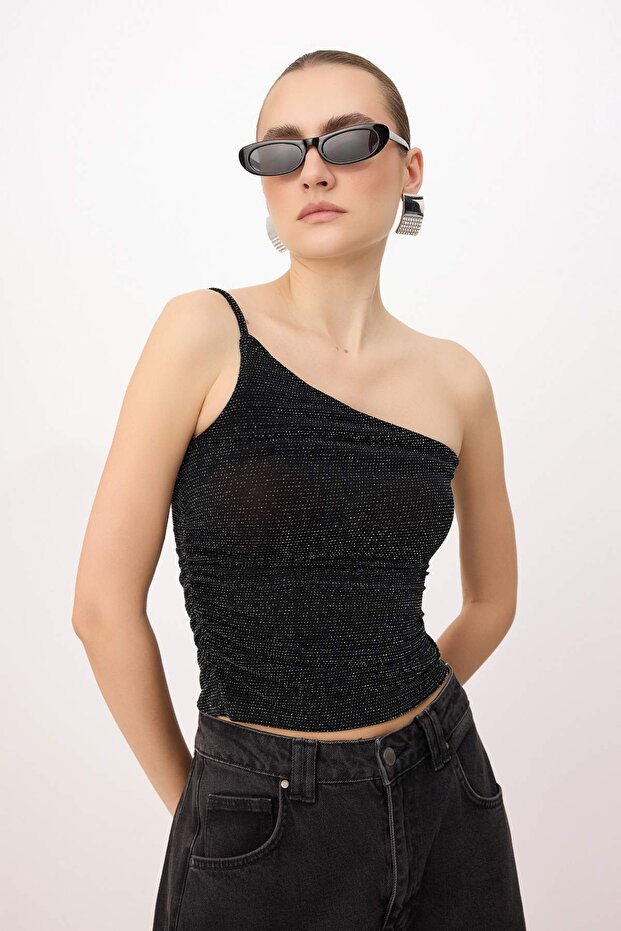 Black Asymmetric Collar Glitter Party Blouse Tprss26Bz00032