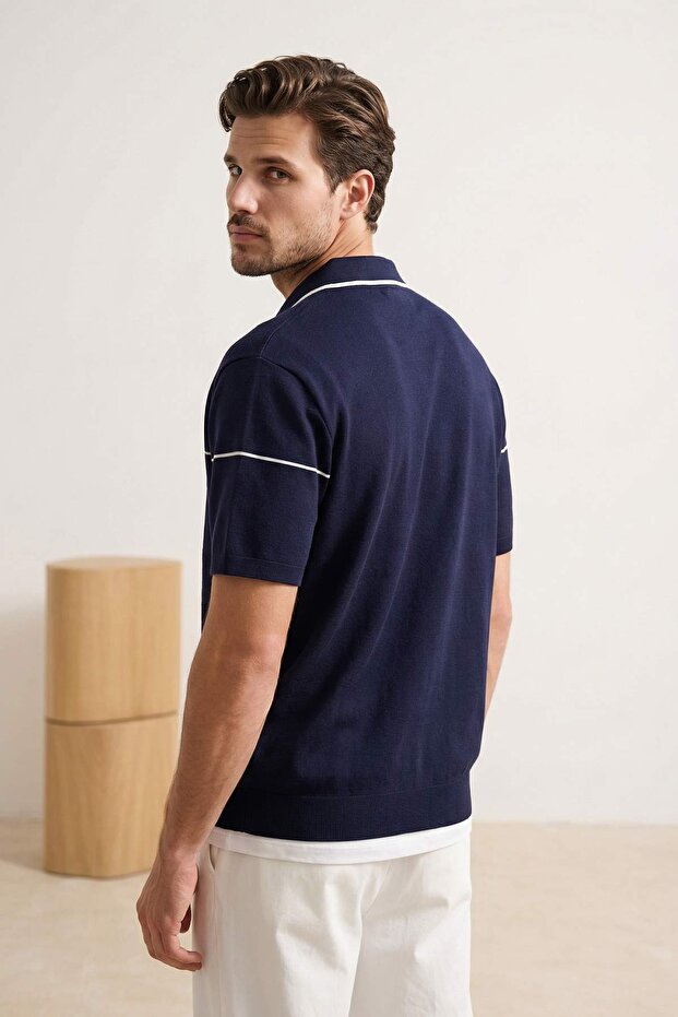 Lacivert Regular/Normal Kesim Biye Detaylı Fermuarlı Triko Polo Yaka T-Shirt TMNSS26TS00020 - 2