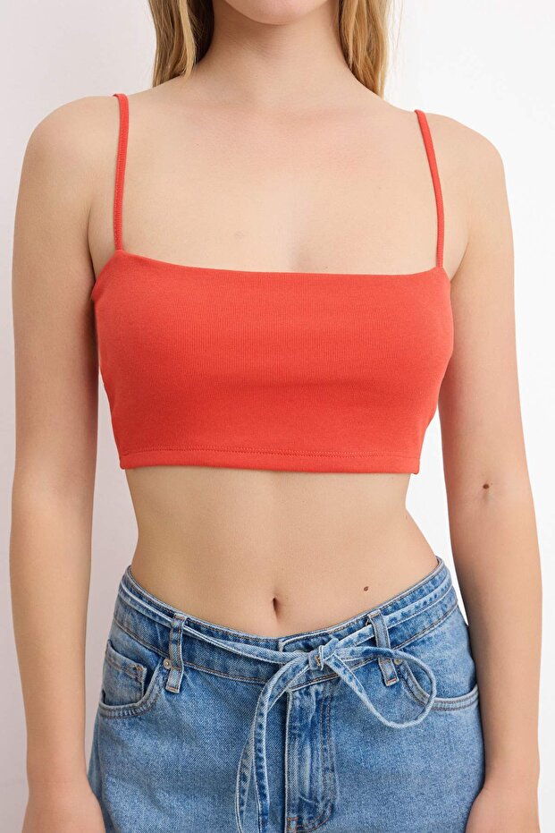 Kırmızı Fitted Süper Crop Askılı Straplez Kolsuz Pamuk Ribana Örme Atlet TWOSS26AL00044 - 3