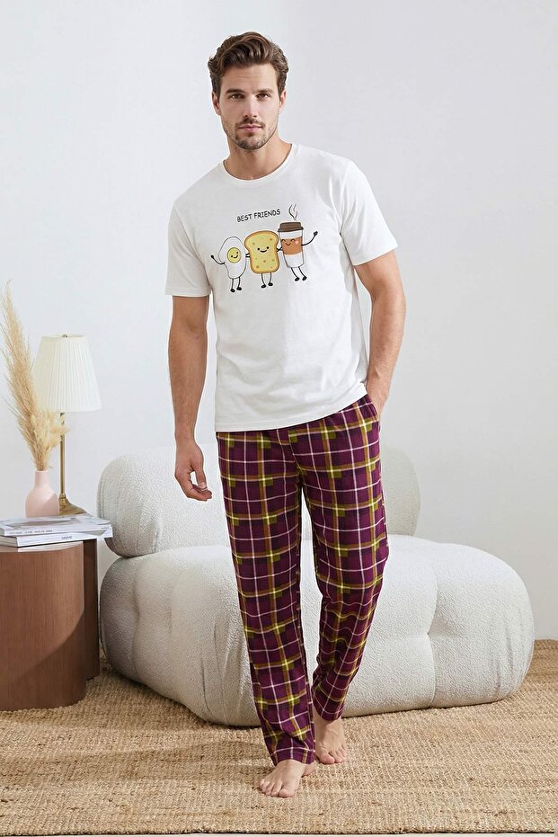 Beyaz Regular Kesim Kısa Kollu Pamuklu Ekose Breakfast Baskılı Pijama Takımı TMNSS26PT00006 - 2