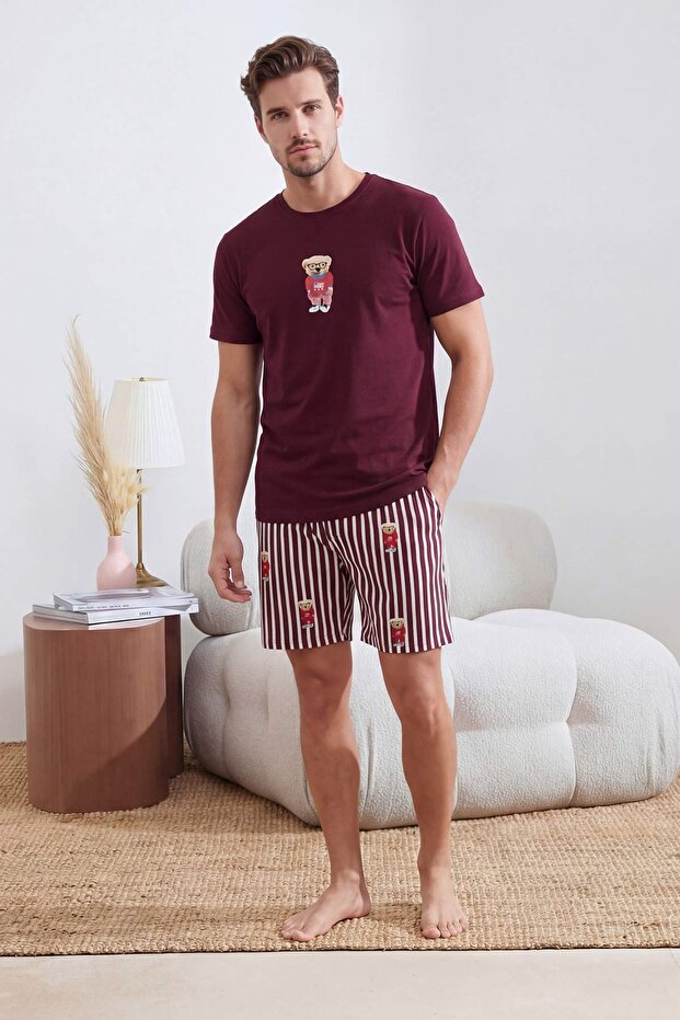 Unisex Bordo Regular Fit Ayıcık Baskılı Örme Şortlu Pijama Takımı TMNSS24PT00034 - 2