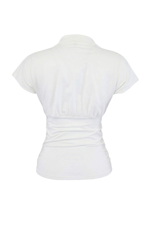Ekru Fitted/Vücuda Oturan Polo Yaka Kısa Kollu Büzgülü %100 Pamuk Örme Bluz TWOSS26BZ00336 - 5
