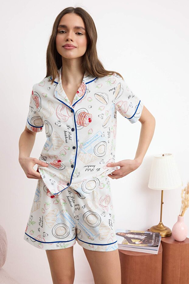 Çok Renkli %100 Pamuklu Eğlenceli Baskılı Biyeli Örme Pijama Takımı THMSS26PT00054 - 2