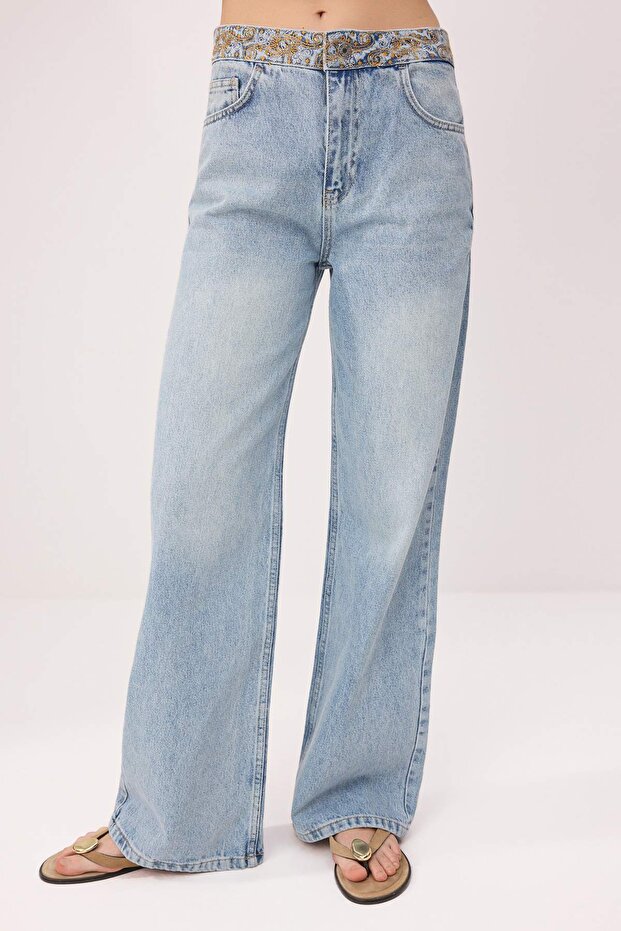 Mavi Kemeri Nakış Detaylı Yüksek Bel Wide Leg %100 Pamuk Jeans TWOSS26JE00210 - 3