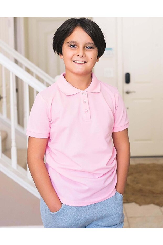 OrganicKid Polo Yaka Basic Pembe Kısa Kollu Çocuk T-shirt