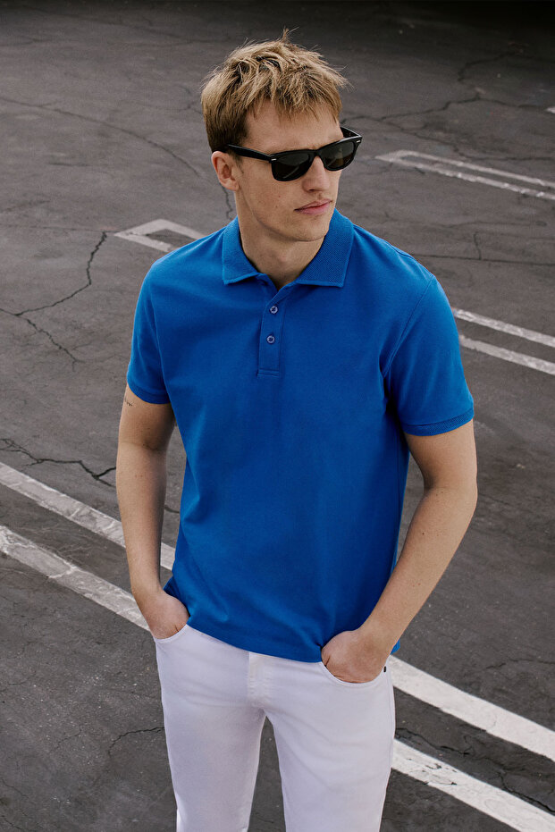 Erkek Royal Mavi %100 Pamuk Kıvrılmaz Pike Polo Yaka Slim Fit Dar Kesim Tişört - 3