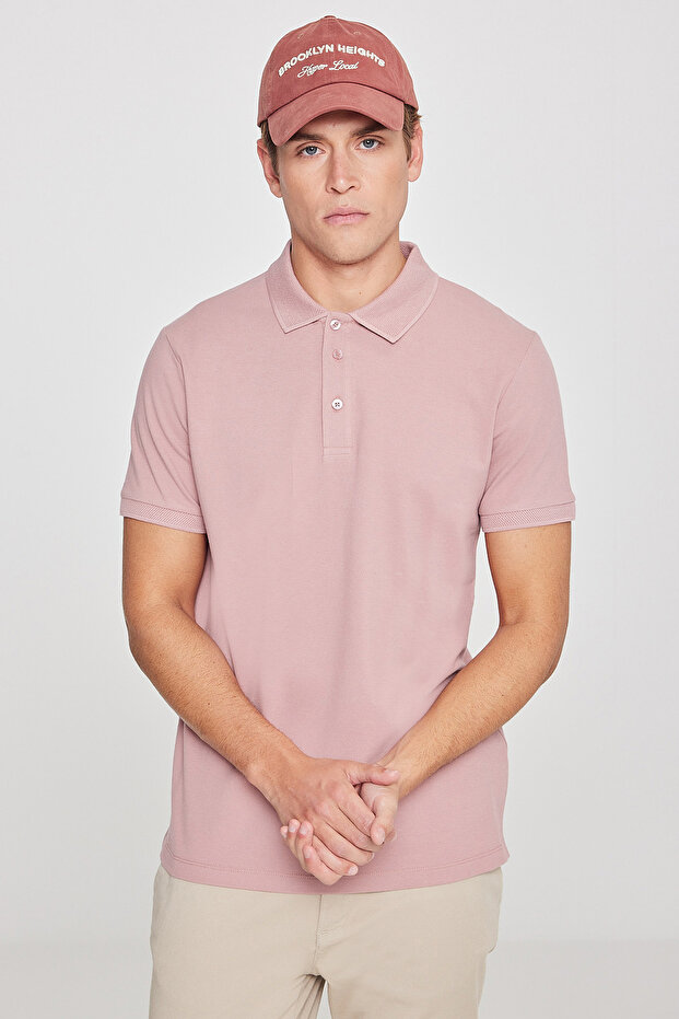 Erkek Gül Kurusu %100 Pamuk Kıvrılmaz Pike Polo Yaka Slim Fit Dar Kesim Tişört - 3