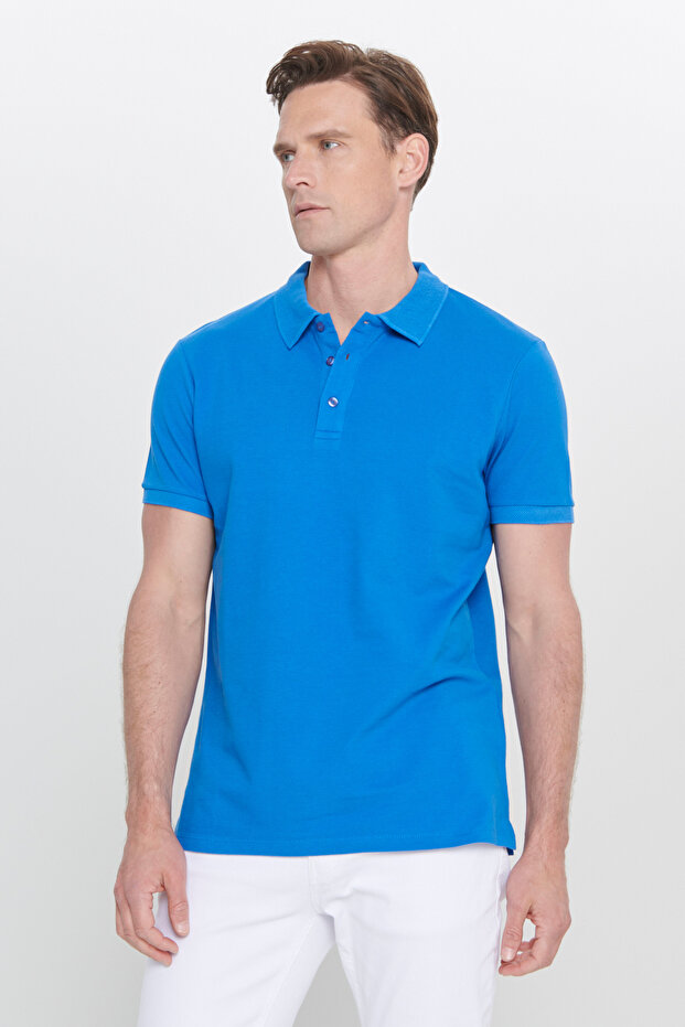 Erkek Royal Mavi %100 Pamuk Kıvrılmaz Pike Polo Yaka Slim Fit Dar Kesim Tişört - 9