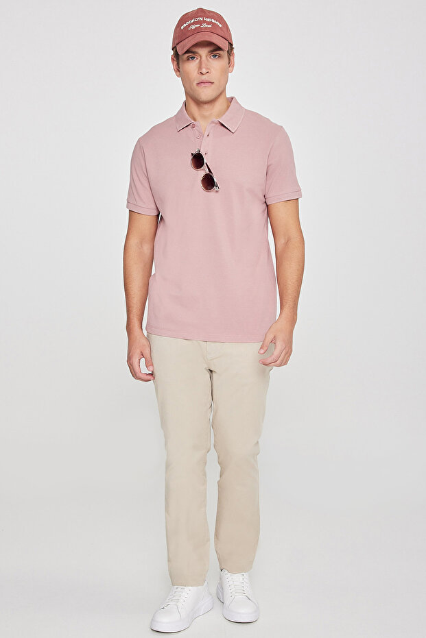 Erkek Gül Kurusu %100 Pamuk Kıvrılmaz Pike Polo Yaka Slim Fit Dar Kesim Tişört - 9