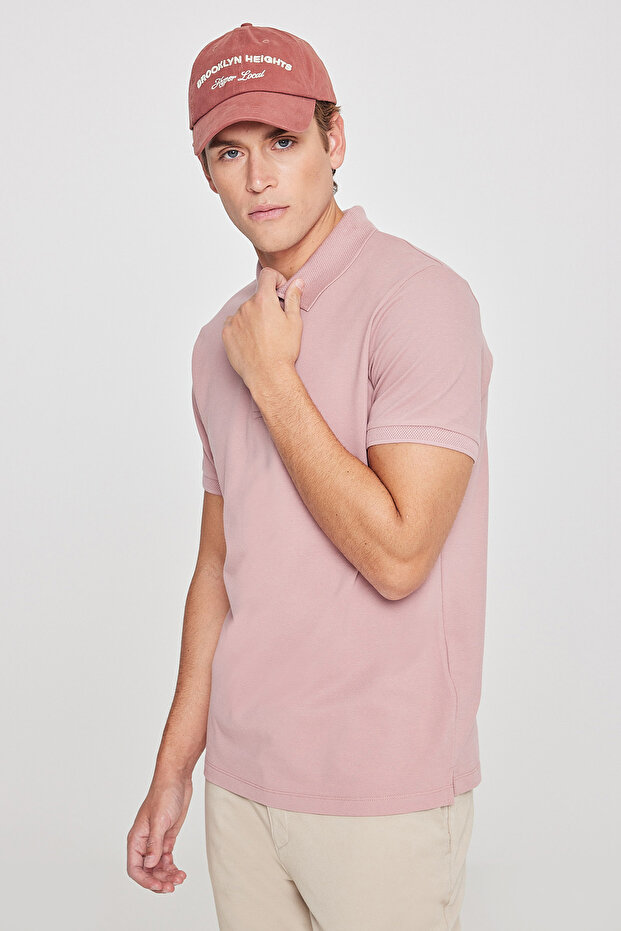 Erkek Gül Kurusu %100 Pamuk Kıvrılmaz Pike Polo Yaka Slim Fit Dar Kesim Tişört - 7