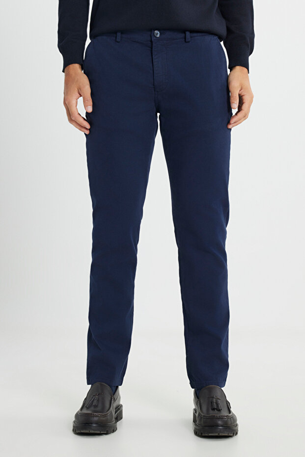 Men's Navy Blue Slim Fit Slim Fit Cotton Flexible Dobby Side Pocket Trousers