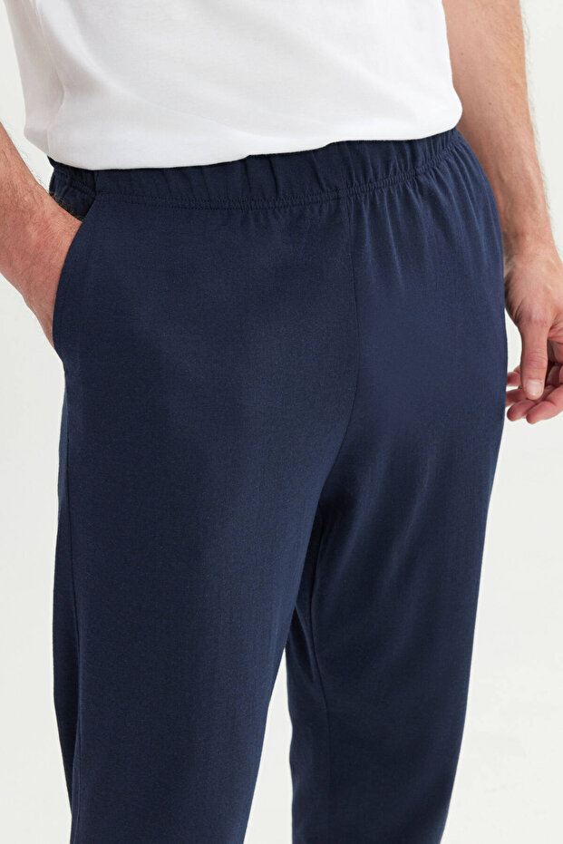 Erkek Lacivert Pamuklu Standart Fit Pijama Altı Normal Kesim Beli Lastikli Cepli - 6