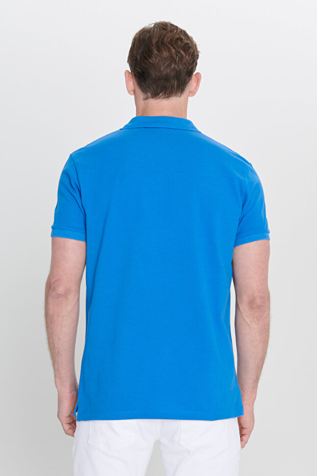Erkek Royal Mavi %100 Pamuk Kıvrılmaz Pike Polo Yaka Slim Fit Dar Kesim Tişört - 10
