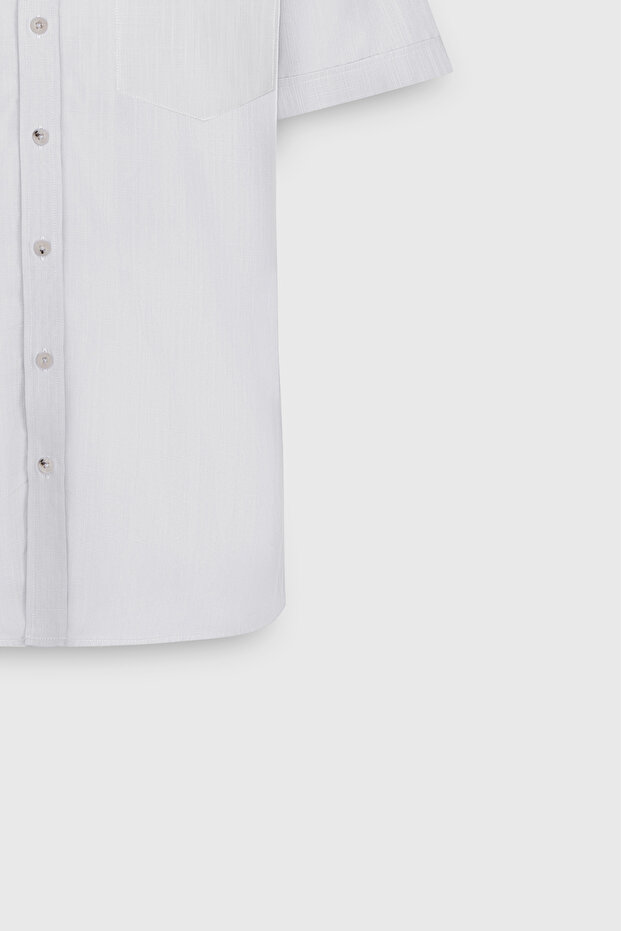 Erkek Beyaz Comfort Fit Rahat Kesim Düğmeli Yaka Keten Görünümlü %100 Pamuk Kısa Kollu Gömlek - 8