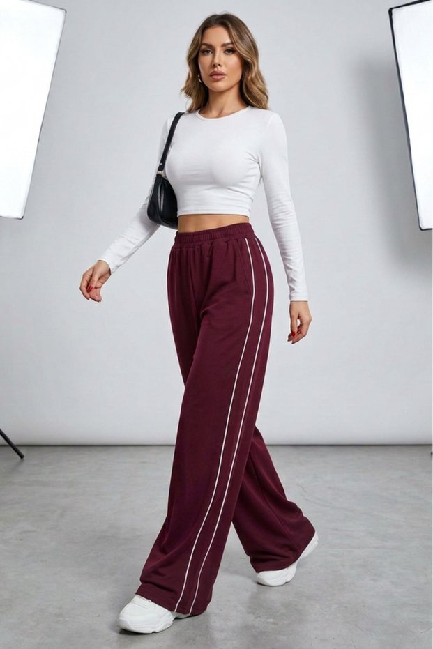 Burgundy Piped Wide Leg /Wide Leg Knitted Sports Sweatpants
