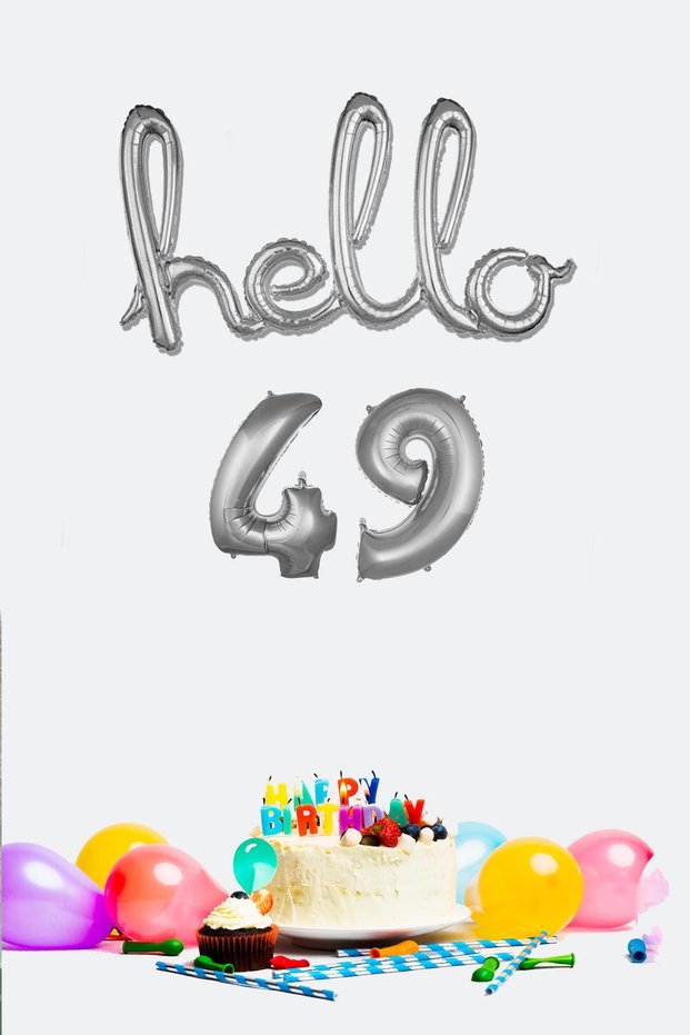 49 Years Birthday Balloons - Hello 49 Handwritten Silver Color Foil Balloon