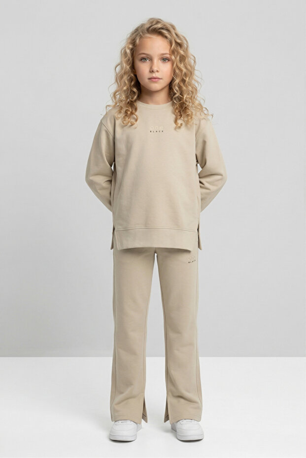 Girls' Cotton Tracksuit Set – Print Detail, Flared Crew Neck