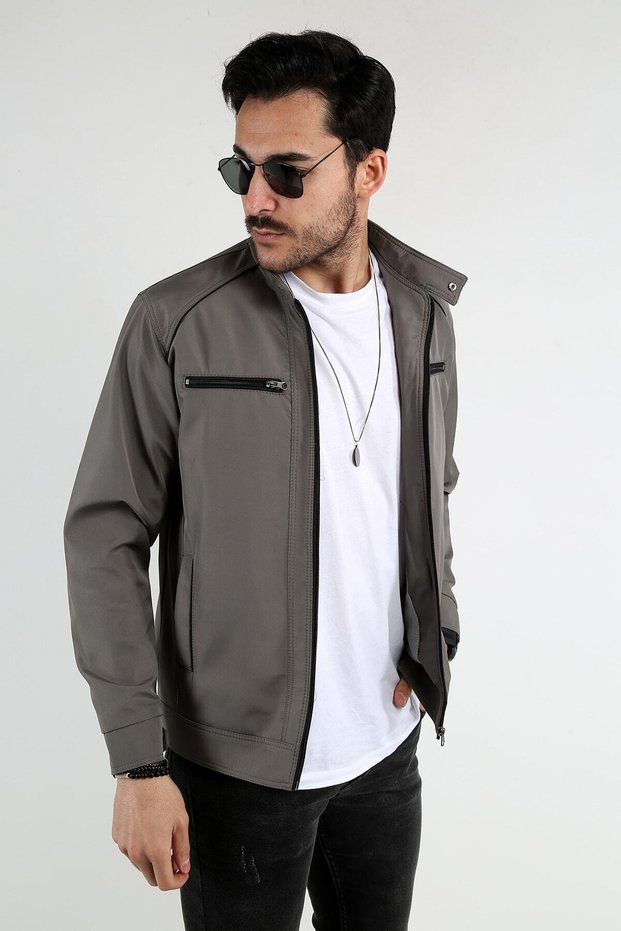 Men's Gray Sleeves, Snaps and Shoulders, Cotton Lined Thin Summer Seasonal Coat with Piping Detail