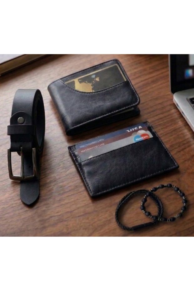 Men's Black Wallet , Card Holder , Belt , Vegan Leather and Natural Stone Bracelet Set Gift