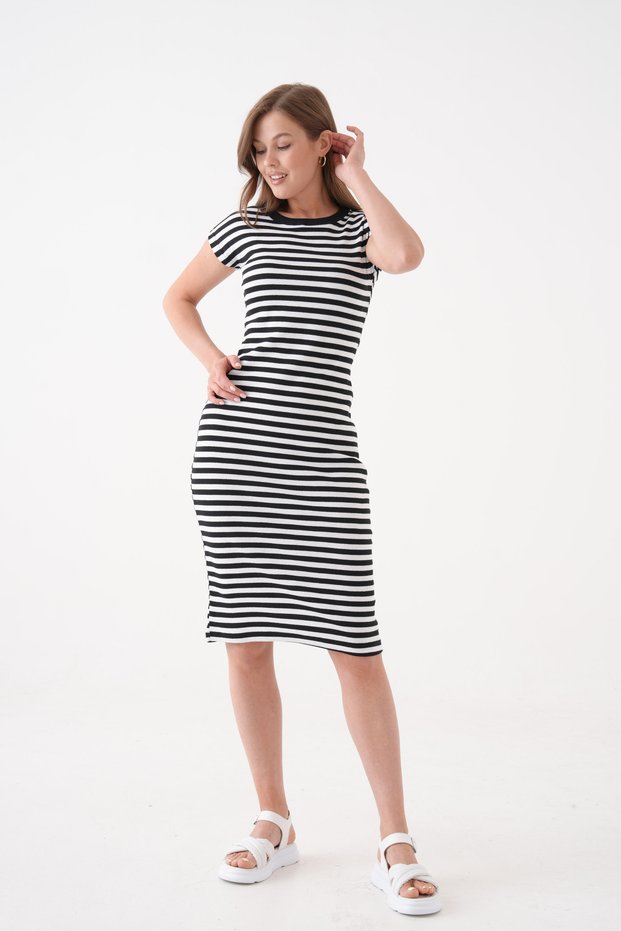Women's Striped Sporty Stylish Black and White Casual Midi Dress