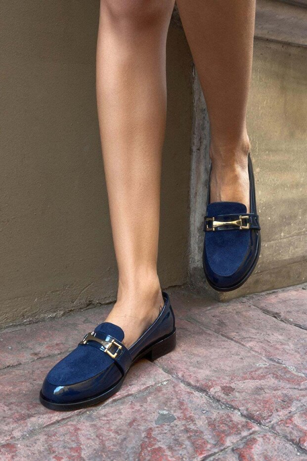 Navy Blue Color Patent Leather and Suede Women's Casual Oxford Flat Shoes