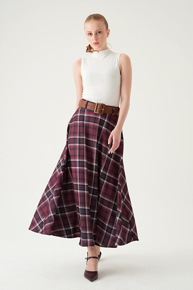 Burgundy Patterned Belted Skirt 1344 - 1