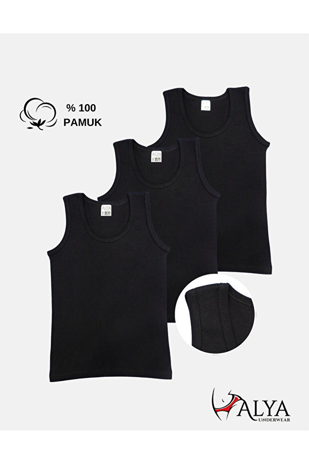 Boy's Cotton Ribbed Tank Top Oval Collar 3 Pack - 3 Pieces Black