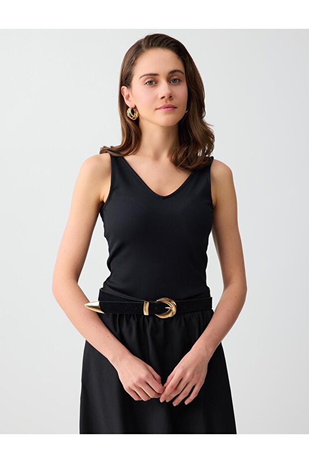 Siyah Dar Kesim V Yaka Basic Örme Atlet - 1