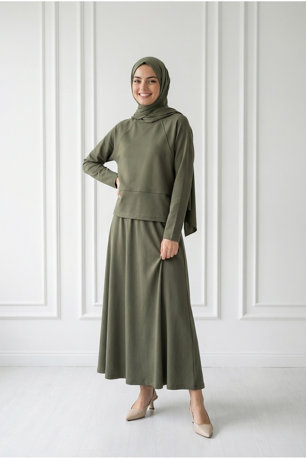 Darinka Front Gazi Stitched Skirt Suit-Nl673 Khaki
