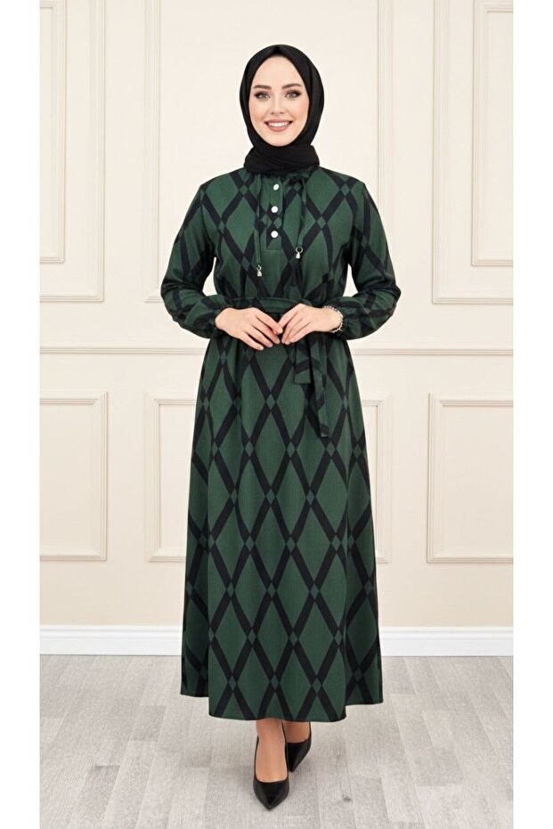Duru Dress Khaki Karin Fabric Diamond Pattern Dress with Button Detail and Belt
