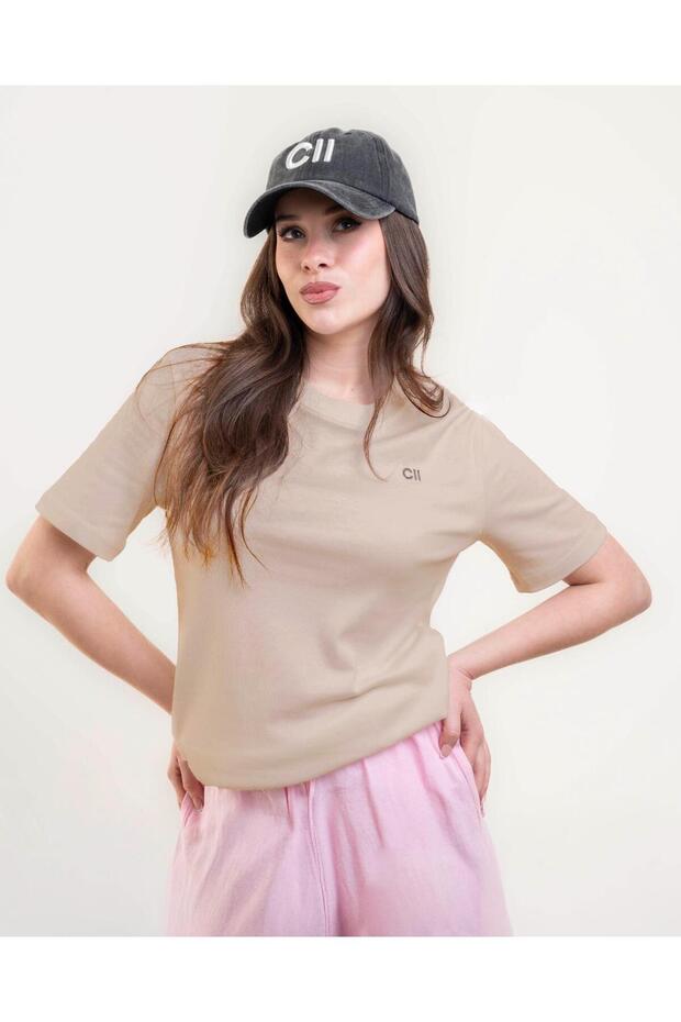 Nakışlı Basic Tshirt-Bej