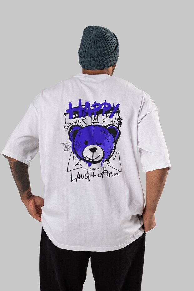 Happy Bear Back Printed White Oversize T-shirt Unisex Men's Women's Crew Neck