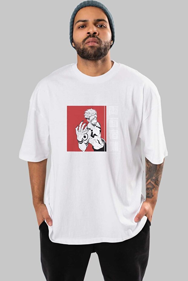 Sukuna Ryoumen 2 Anime Front Printed White Oversized t-shirt for Men and Women
