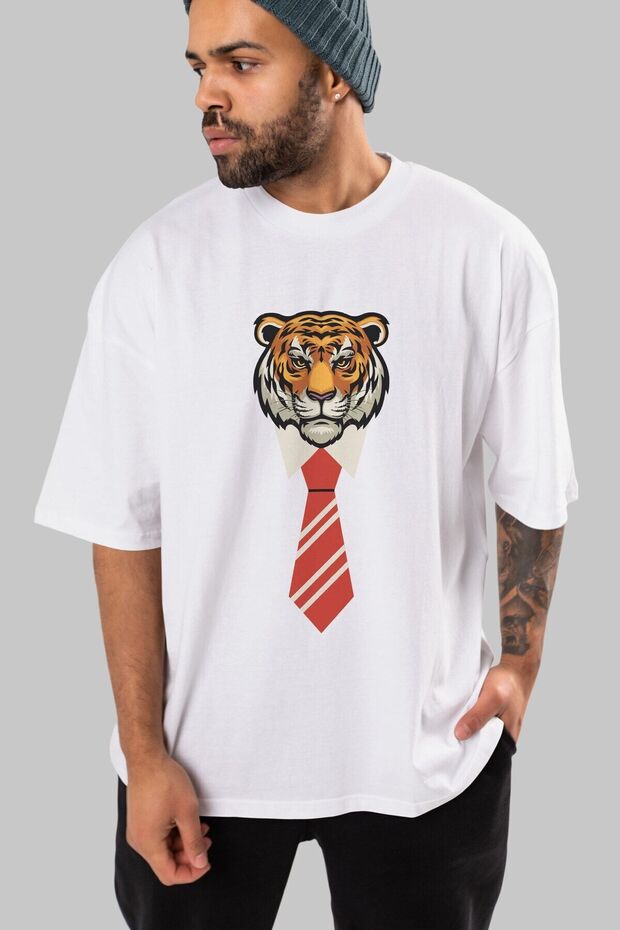 Tiger With Tie Front Printed White Oversize T-shirt Men's Women's Crew Neck