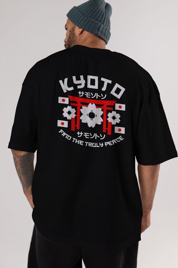 Kyoto Find Peace Back Printed Black Oversize T-shirt Unisex Men's Women's Crew Neck