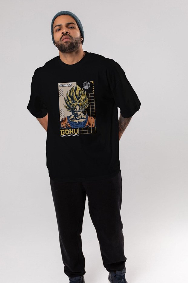 Goku Front Printed Black Oversize T-Shirt Unisex Men's Women's Crew Neck