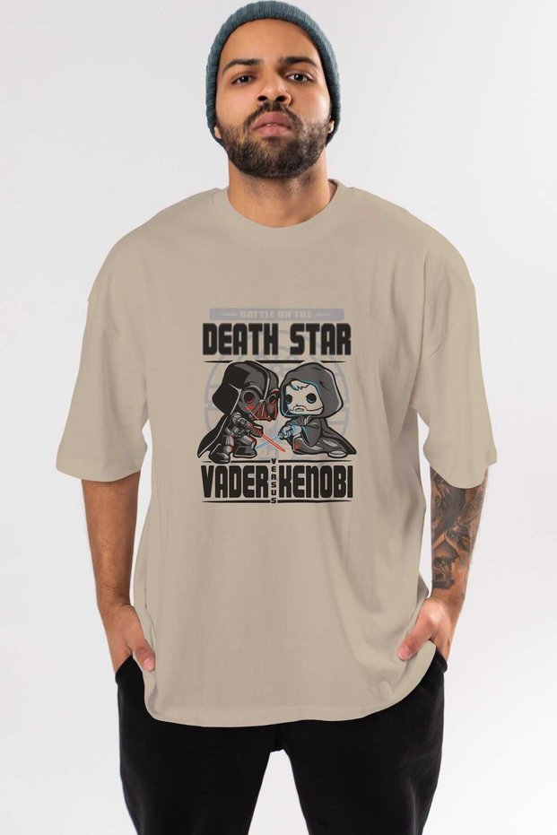 Vader Kenobi Printed Beige Oversize Cotton T-Shirt - Crew Neck Men Women
