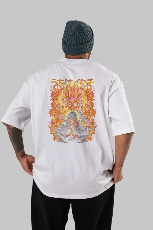 Naruto Itachi Uchiha Anime Back Printed White Oversize T-Shirt 100% Cotton Men Women
