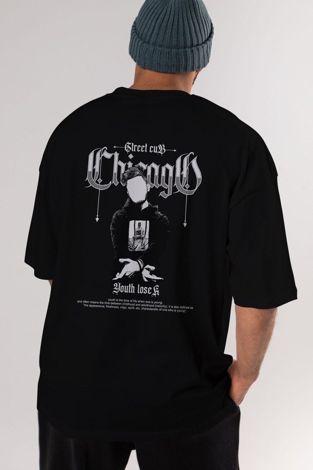 Chicago Street Club Back Printed Black Oversize T-shirt Unisex Men's Women's Crew Neck