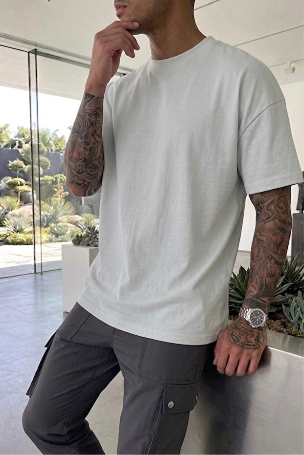 Men's Oversize Wide Cut 100% Cotton Thick Textured Basic Crew Neck Gray T-Shirt