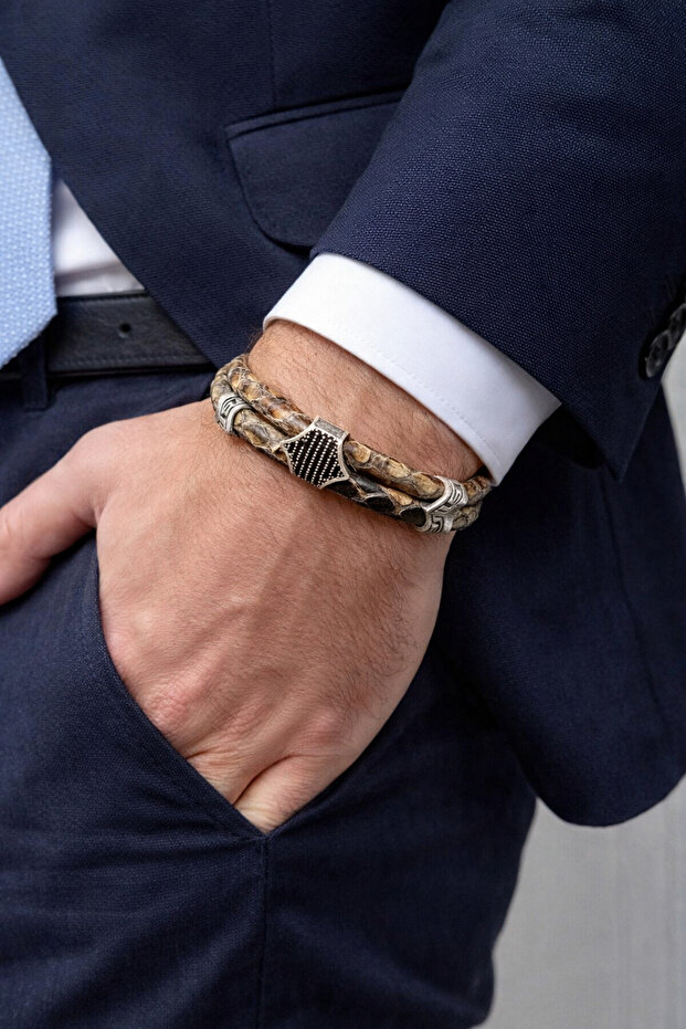 Snake Skin Patterned Double Row Luxury Bracelet Silver Color Premium Unisex with Magnetic Clasp