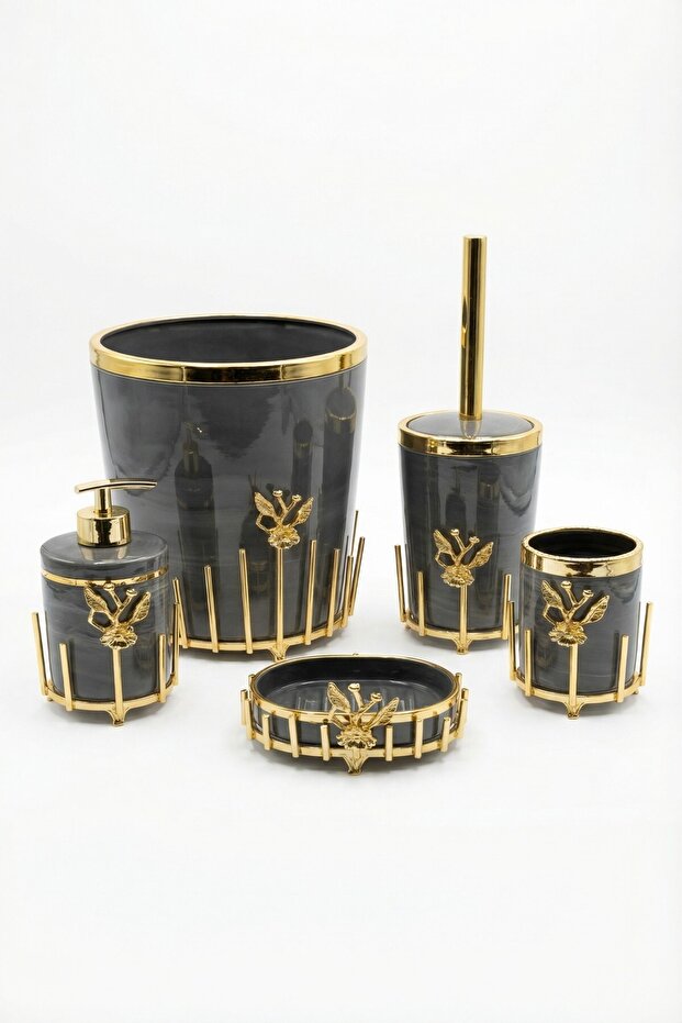 5-Piece Bathroom Accessory Set with Gold Plated Metal Stand, Marble Patterned and Solid Color Options