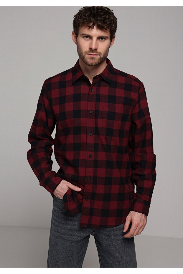 Regular Fit Shirt Neck Checkered Men's Burgundy Long Sleeve Shirt