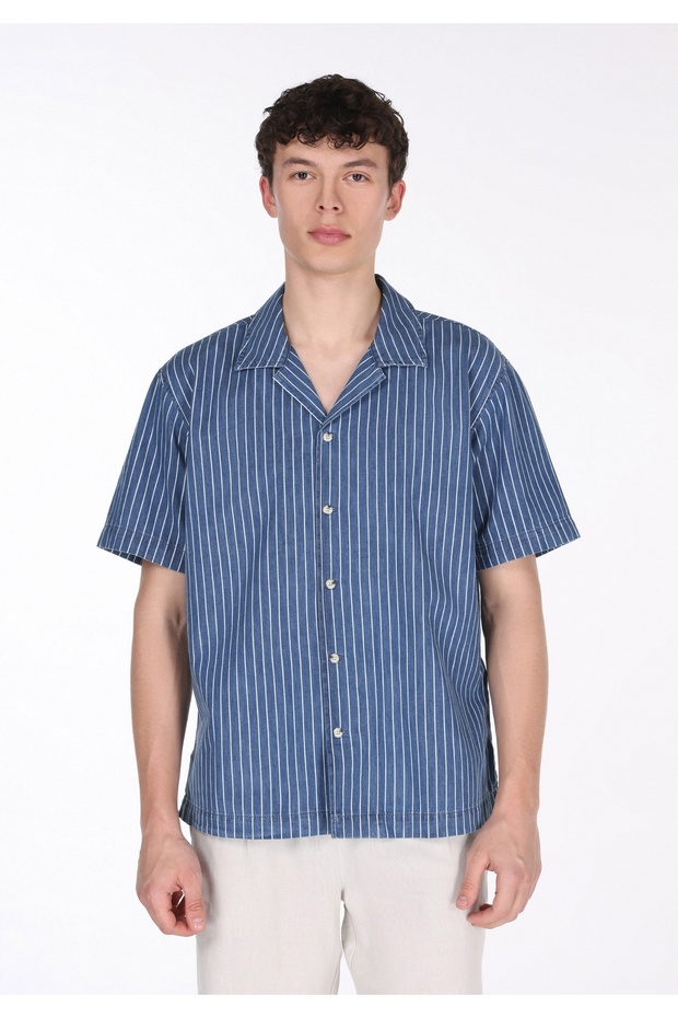 Oversize Fit Classic Collar Striped Men's Blue Short Sleeve Shirt
