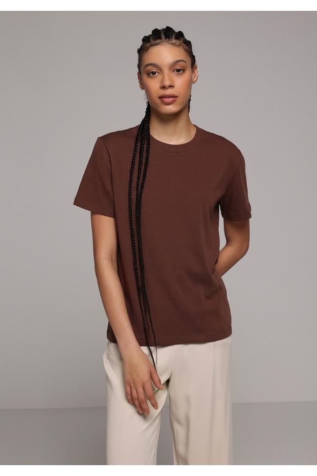 Regular Fit Round Neck Plain Women's Brown Short Sleeve T-Shirt